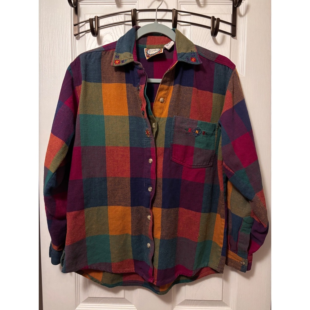 Erika Vintage Plaid Flannel Shirt Multicolor Embroidered Floral Cotton Small